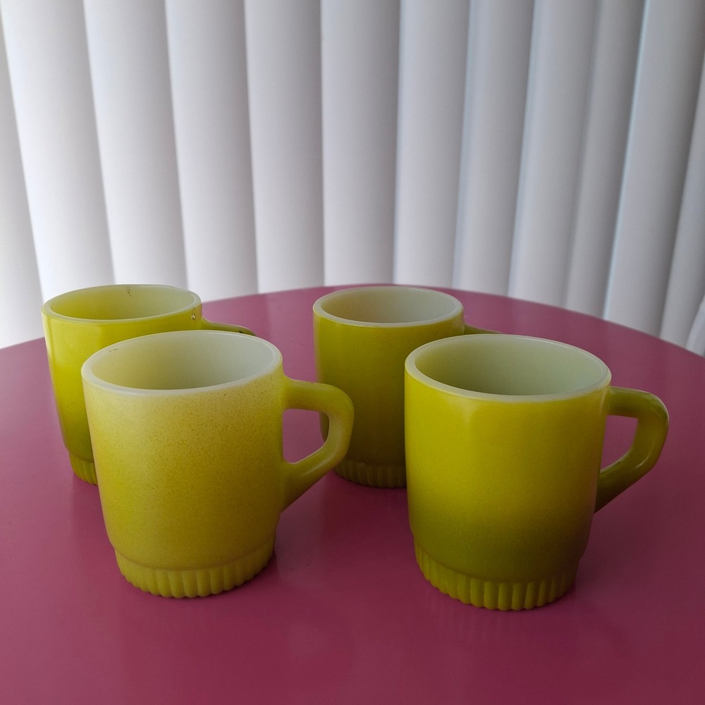 Fire-King Anchor Hocking Vintage Stackable Milk Glass Mugs Green Gradient Set 4